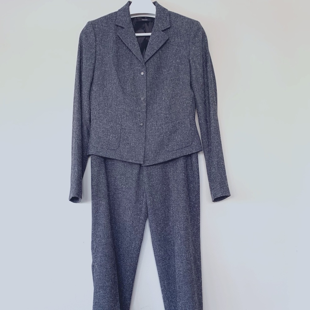 Black and white tweed pant suit.